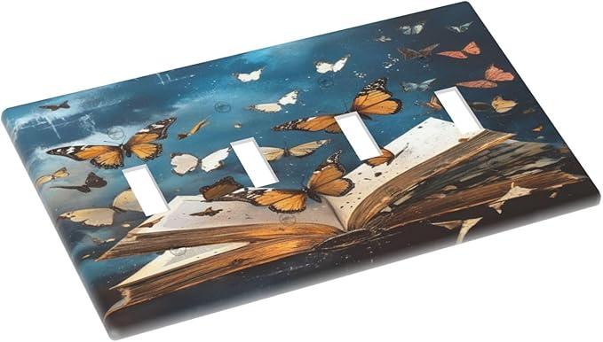 Decorative Art Light Switch Covers Butterflies from the Book Quad Toggle 4 Gang Wall Plate Switch plate Electrical Faceplate for Home Decor