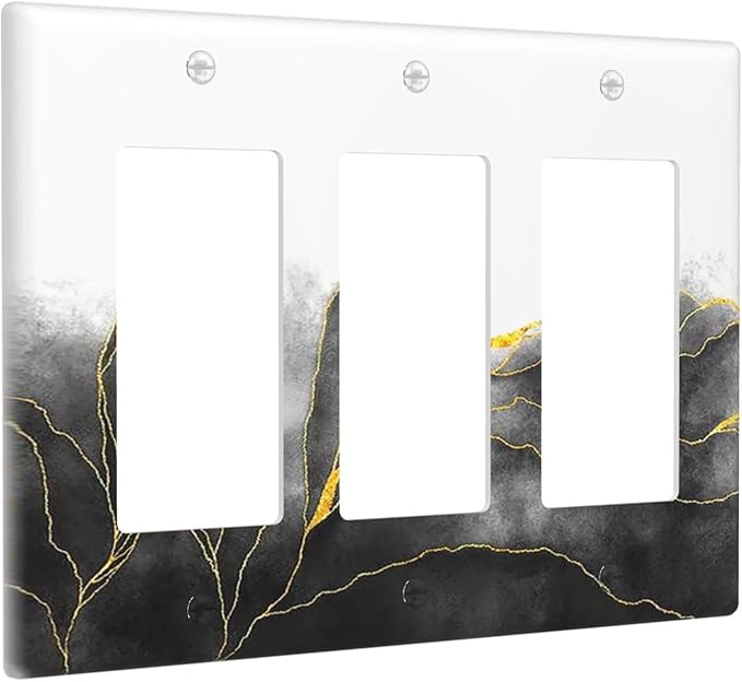 Light Switch Covers Black And Gold Marble White Golden Leaves 3 Gang Rocker Electrical GFCI Decorative Triple Outlet Wall Plate Cover Switchplate for Bedroom living Room Decor