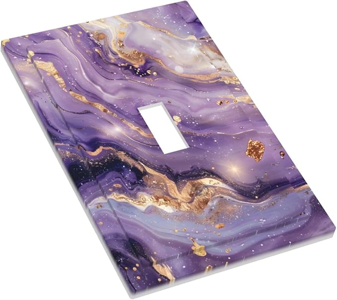 Luxury Marble Texture Purple And Gold Abstract Print Decorative Light Switch Cover 1 Gang Single Toggle Device Electrical Faceplate Switchplates Decorator Outlet Wall Plate for Bathroom Home Decor