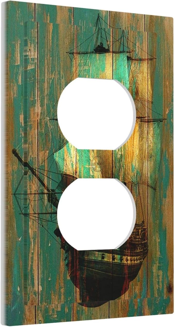 Outlet Covers Rustic Green Wood Grain Sailboat 1 Gang Duplex Light Switch Cover Electrical Receptacle Faceplate Wall Plate Decorative Switch Plates for Farmhouse Bedroom Decor