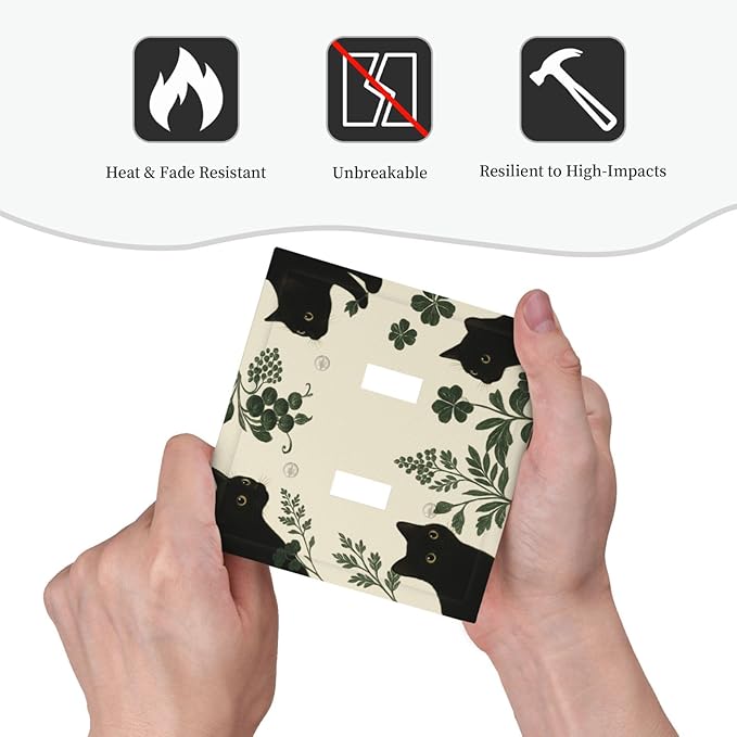 Decorative Light Switch Cover Plate Funny Black Cat Green Leaf 2 Gang Outlet Covers Double Toggle Wall Plates for Electrical Outlets Switch Plate Covers Faceplate for Bedroom Home Decor