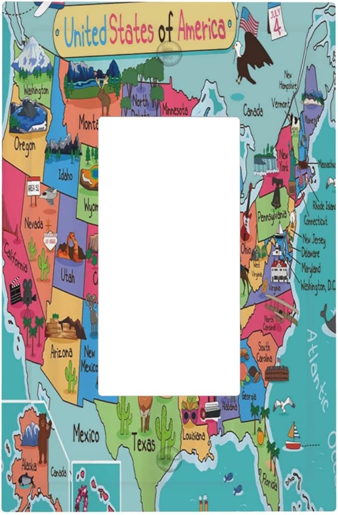 American Map Animal Educational Geography Colorful Landmark Landscape 1 Gang Rocker/Decor Outlet Light Switch Wall Plate Cover Decorative Faceplate Switchplates Bathroom Living Room Bedroom Decorate