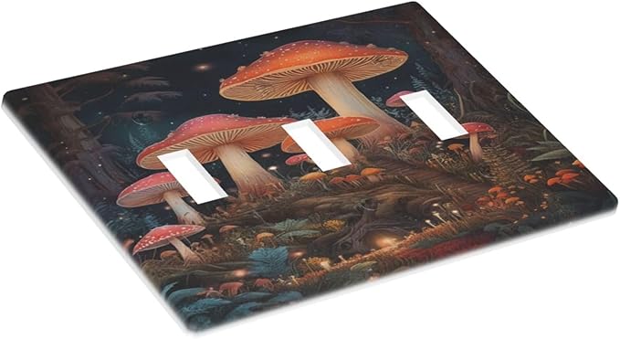 Decorative Art Light Switch Covers Enchanted Mushroom Forest 3 Gang Triple Toggle Wall Plate Decorative Switch plate Electrical Faceplate for Home Decor