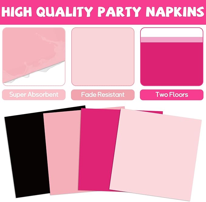 96Pcs Hot Pink and Black Party Supplies Black and Pink Paper Plates and Napkins Birthday Decorations Disposable Tableware Set for Women Girls Bachelorette Birthday Wedding Party Decorations Serves 24