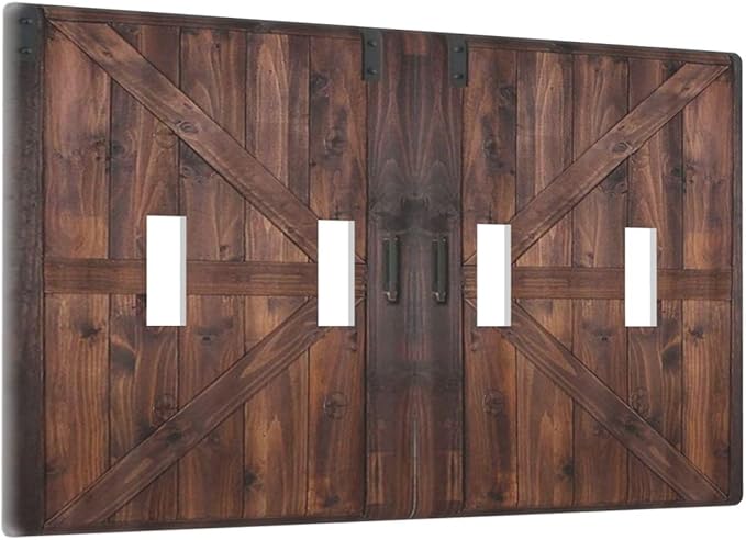 Rustic Barn Doors Vintage Brown Wood Plank Print Light Switch Covers Quad Toggle Electrical Faceplate 4 Gang Wall Plate Decorative Switch Plates Cover for Farmhouse Home Decor