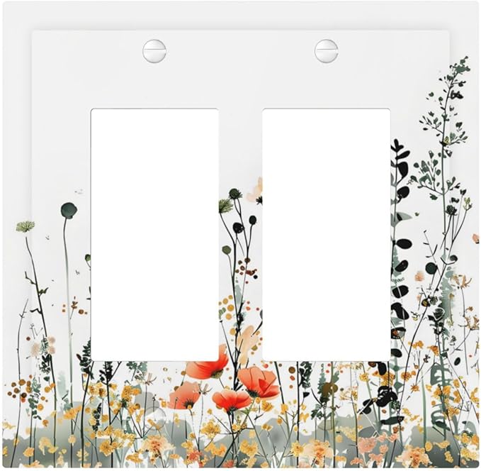 Vintage Country Style Watercolor Leaves Wildflowers Floral Decorative Outlet Covers 2 Gang Double GFCI Rocker Electrical Wall Panels Light Switch Cover Plate for Bedroom Living Room Decor