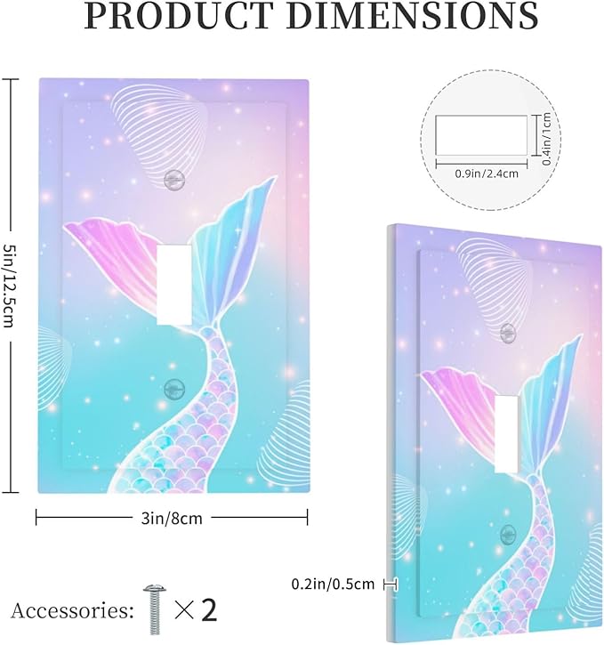 Mermaid 1 Gang Light Switch Cover Single Toggle Wall Plate Rainbow Tail Scales Jelly Fish Decorative Electrical Switchplate Covers for Nursery Girls Boys Room Kids Room Decor