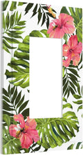 Tropical Plant Green Palm 1 Gang Light Switch Cover Single Rocker/Gfci Device Decorative Wall Plate Standard Size Receptacle Banana Leaves Pink Flower Rainfores Jungle Botanical Outlet Cover Plates