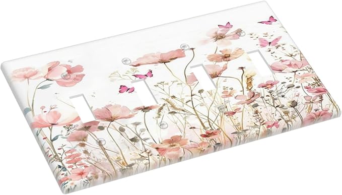Boho Floral Watercolor Pink Wildflower Butterfly Light Switch Covers Quad Toggle Electrical Faceplate 4 Gang Wall Plate Decorative Switch Plates for Bedroom Living Room Decor