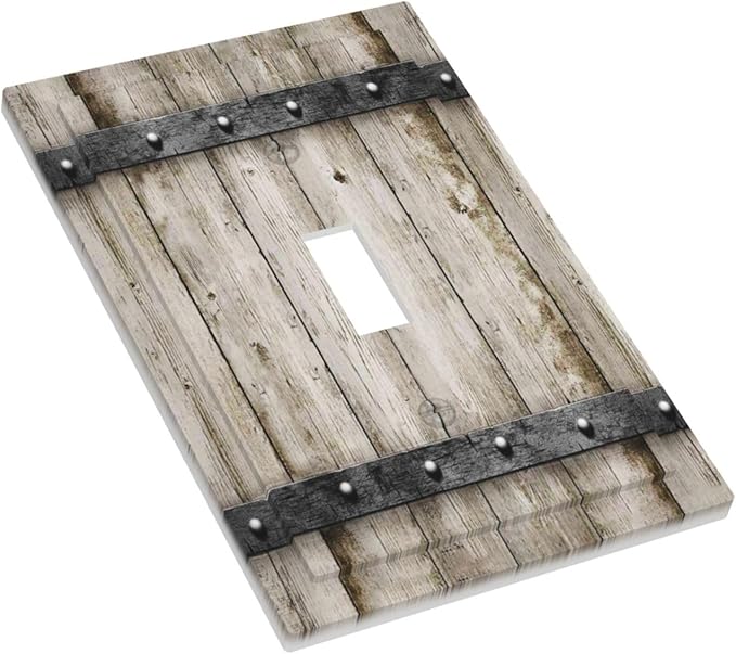 Vintage Rustic Western Country Farmhouse Wooden Barn Cabin Garage Wood Door 1 Gang Single Toggle Electrical Outlet Light Switch Wall Plate Receptacle Face Plate Cover Decorative One Device Switchplate