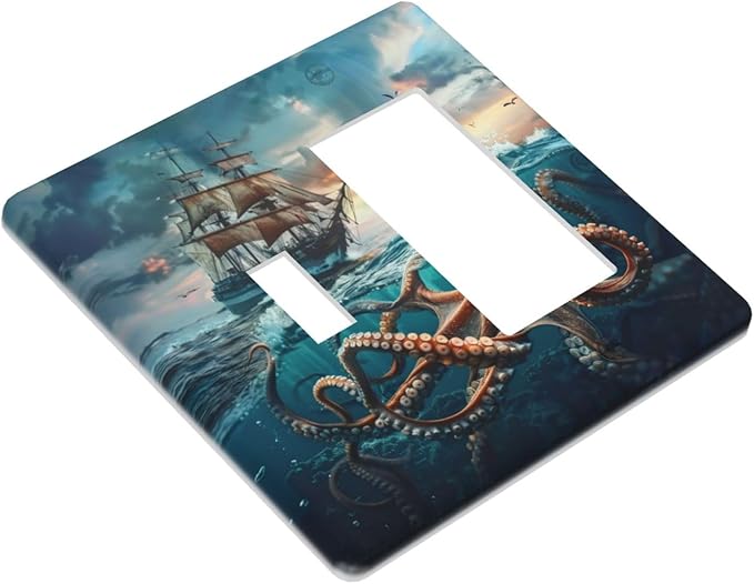 Light Switch Cover Plate Sailboat Ship Octopus Ocean Sea Waves 2 Gang Combo Wall Plates Toggle Rocker Decorative Switch Plates and Outlet Covers for Bathroom Bedroom Decor