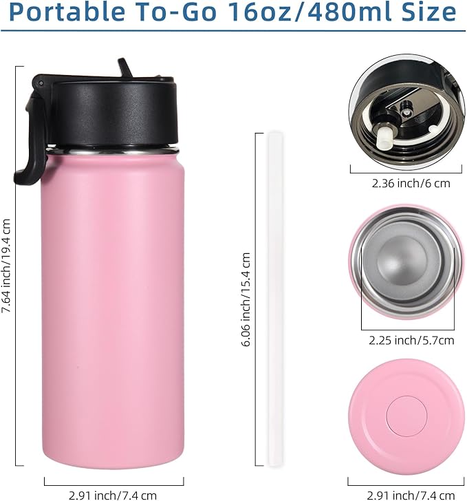 Volhoply 16 OZ Kids Water Bottle Bulk 2 Pack,Insulated Sports Bottles with Straw Lid,Stainless Steel Bottle with Handle Keep Cold & Hot,Double Wall Vacuum Tumbler Cups for School,Girls(Pink, 2)