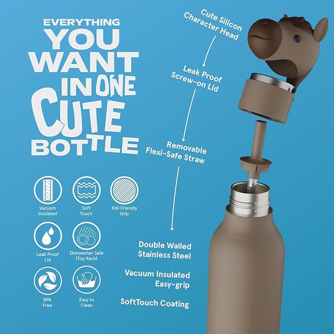 asobu Bestie Bottle Insulated Stainless Steel Water Bottle with Detachable Soft Animal Head Fun Drinking For Kids and Teens with Flexible Reusable Straw 16 Ounce (Horse)