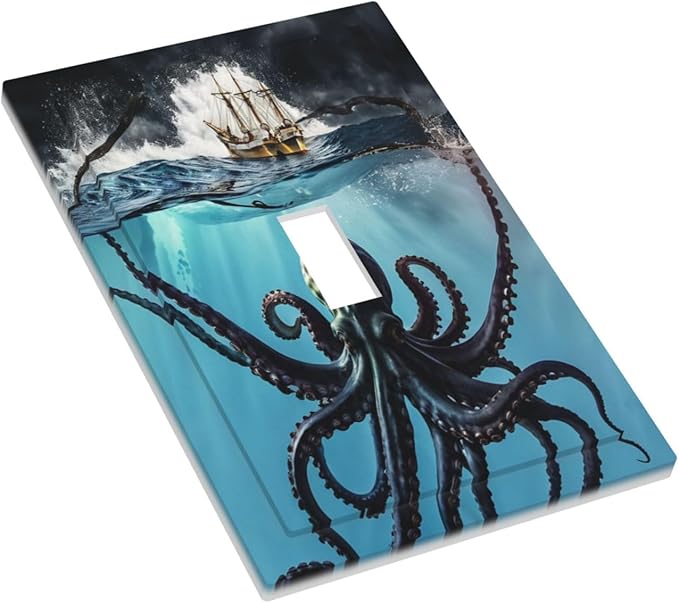Light Switch Cover Plate Black Ocean Nautical Octopus Ship Funny Kraken 1 Gang Decorative Switch Plate Covers Single Toggle Wall Plates Electrical Faceplate for Bathroom Home Decor
