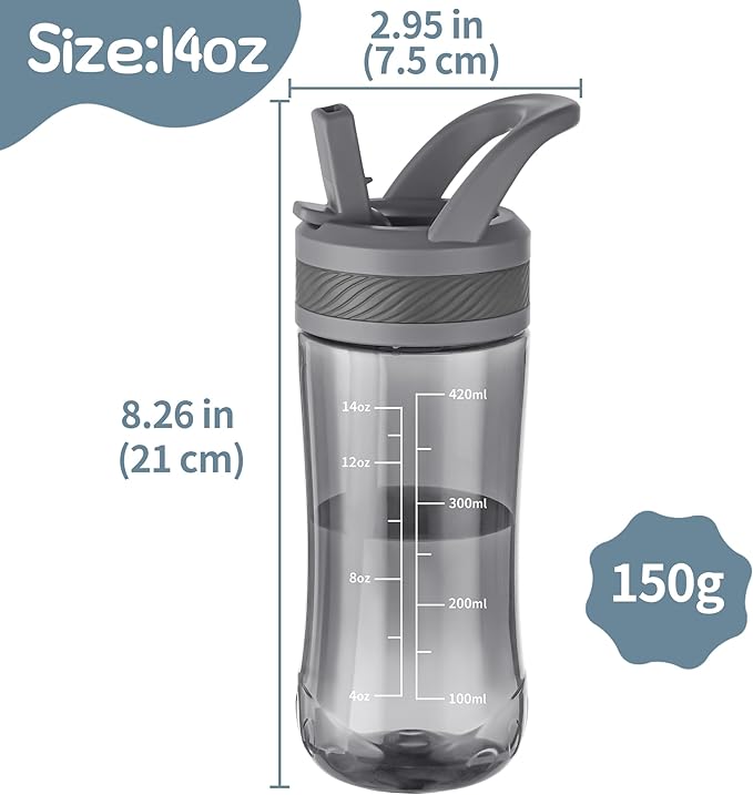 Kids Clear Water Bottle 14oz Flip with Straw Carry Handle, Leakproof, Reusable, Tritan, BPA Free, Suitable for Boys and Girls, Gray