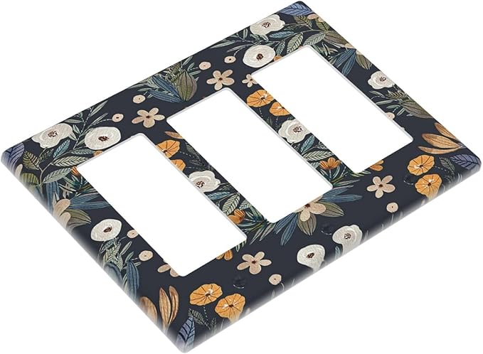 Boho Leaf Floral Navy Blue Background 3 Gang Rocker Light Switch Covers Triple Outlet Wall Plate Decorative Switchplate Cover Faceplate GFCI for Farmhouse Country Bedroom Decor