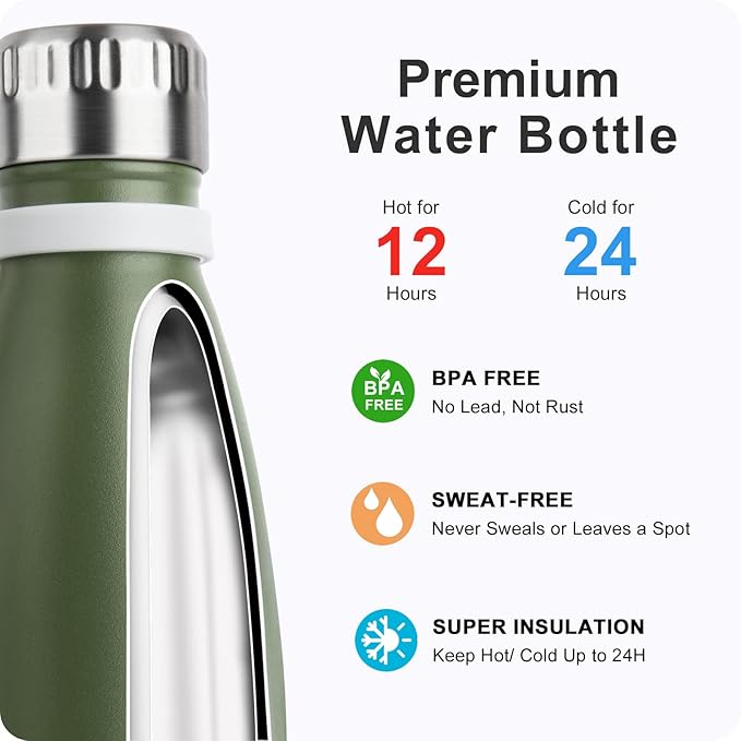 Insulated Water Bottle-17 oz Stainless Steel Double Walled Vacuum Water Bottles for School Cola Shape-Leak Proof Sports Water Bottle BPA Free(Grass Green)