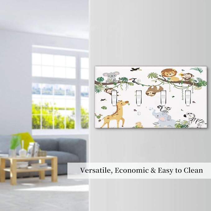 Jungle Animals Tree Branch Monkey Giraffe Lion Elephant Light Switch Covers Quad Toggle Electrical Faceplate 4 Gang Wall Plate Decorative Switch Plates Cover for Kids Room Nursery Decor