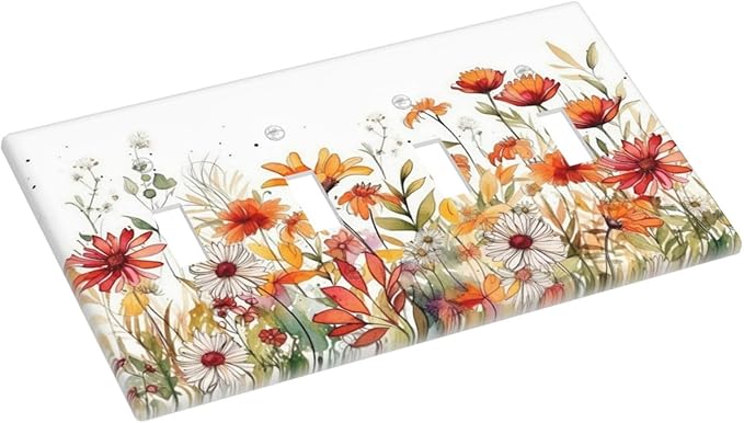 Watercolor Wild Flower Floral Daisy Plant Light Switch Covers Quad Toggle Electrical Faceplate 4 Gang Wall Plate Decorative Switch Plates for Bedroom Living Room Decor