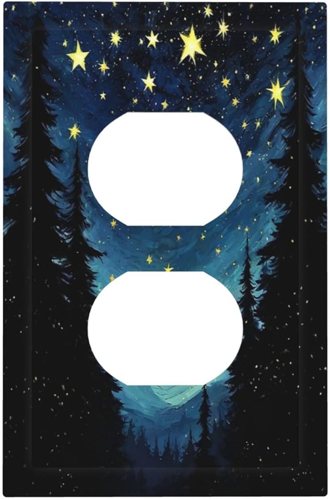 Outlet Covers Blue Starry Sky Forest Painted Star Pine Tree Oil Painting 1 Gang Duplex Electrical Receptacle Faceplate Light Switch Cover Wall Plate Decorative Switch Plates for Bedroom