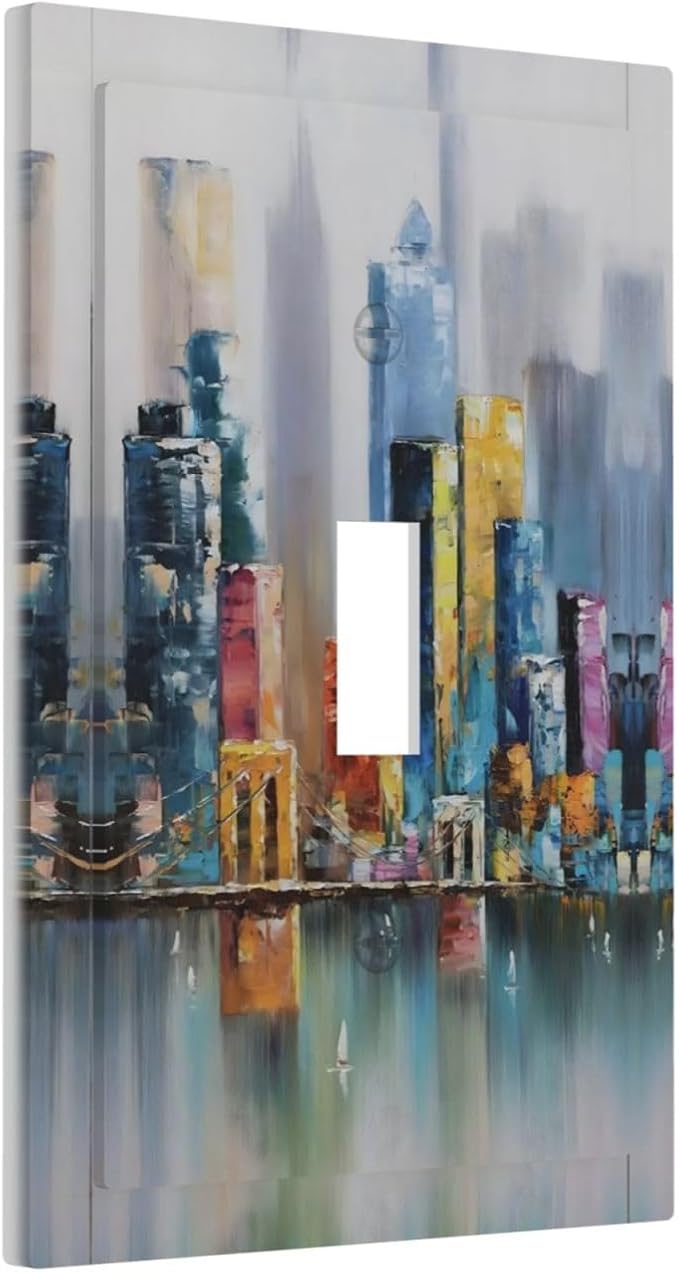 Colorful Nyc Skyline Textured Modern Abstract Decorative Light Switch Cover 1 Gang Single Toggle Device Electrical Faceplate Switchplates Decorator Outlet Wall Plate for Bedroom Living Room Decor