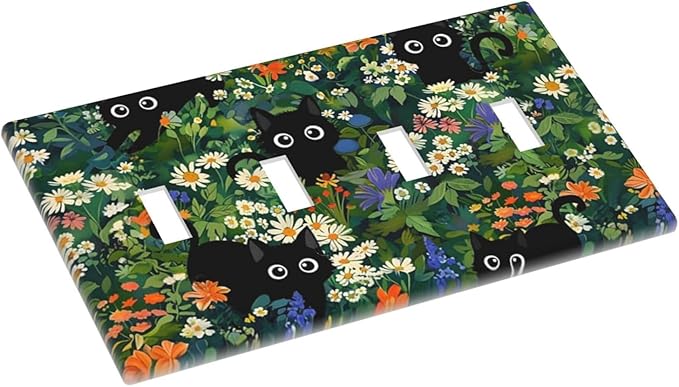 Cute Black/Green Cats Decorative 4-Gang Quad Toggle Light Switch Wall Plate Cover, Nursery Playroom Summer Floral Flower Jungle Quadruple Toggle Device Switches Wall Plate Outlet Covers Standard Size