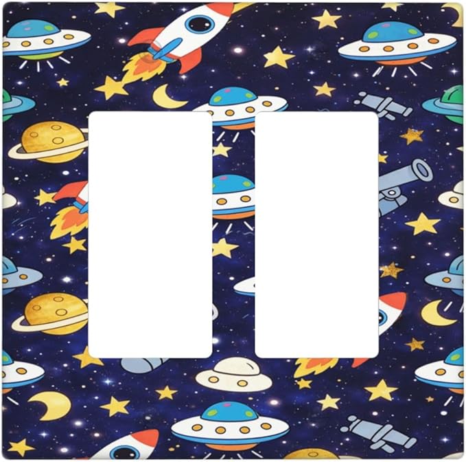 Decorative Outlet Covers Blue Space-themed Rocket Spaceship 2 Gang Light Switch Cover Plate Double Rocker Wall Plates for Electrical Outlets Switch Plate Covers for Children's Room Decor