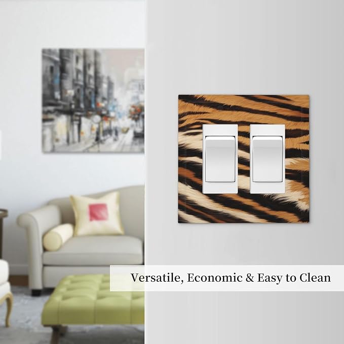 Tiger Texture Wild Animal Skin Pattern Print Decorative Outlet Covers 2 Gang Double GFCI Rocker Electrical Wall Panels Light Switch Cover Plate for Kids Room Office Decor