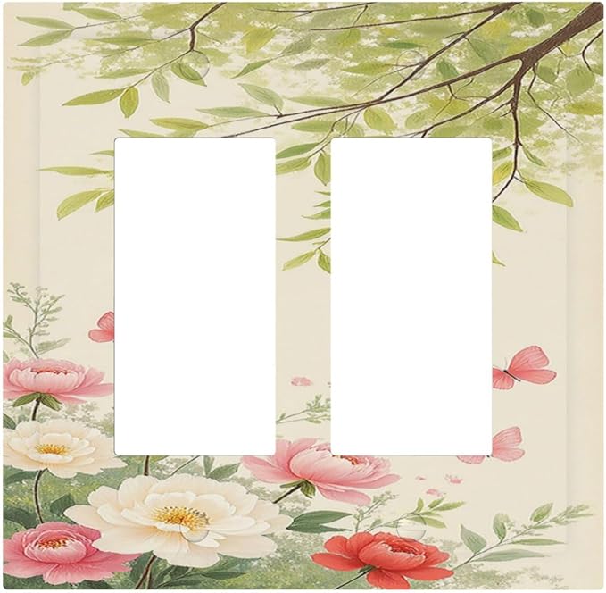 Decorative Outlet Covers Garden Flowers Green Leaves And Butterflies 2 Gang Double GFCI Rocker Electrical Wall Panels Light Switch Cover Plate for Bedroom Cabin Decor