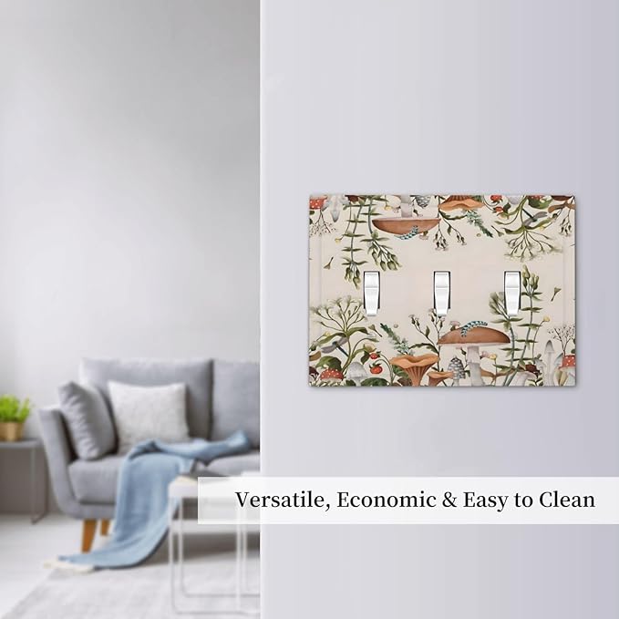 Boho Mushroom Forest Plants Wildflowers Insects Decorative Switch Plates 3 Gang Wall Plate Triple Toggle Light Switch Cover Faceplate Electrical Wall Panels for Kids Room Home Decor