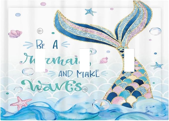 Mermaid Ocean Blue Waves Kids Girl 3 Gang Light Switch Covers Decorative Triple Toggle Wall Plate Electrical Faceplate Switchplate for Kidroom Bathroom Bedroom Home Decor