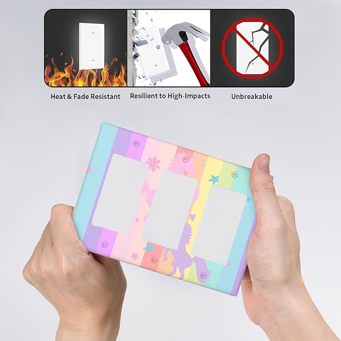 Cute Purple Pink Rainbow Unicorn 3 Gang Rocker Outlet Covers Triple Rocker Light Switch Cover Switchplates Wall Plate Decorative Electrical Faceplate for Nursery Girls Boys Room Kids Room Decor