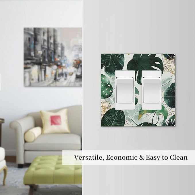 Boho Tropical Green Leaf Watercolor Banana Leaves Decorative Outlet Covers 2 Gang Double Gfci Rocker Electrical Wall Panels Light Switch Cover Plate For Bed Room Living Room Decor