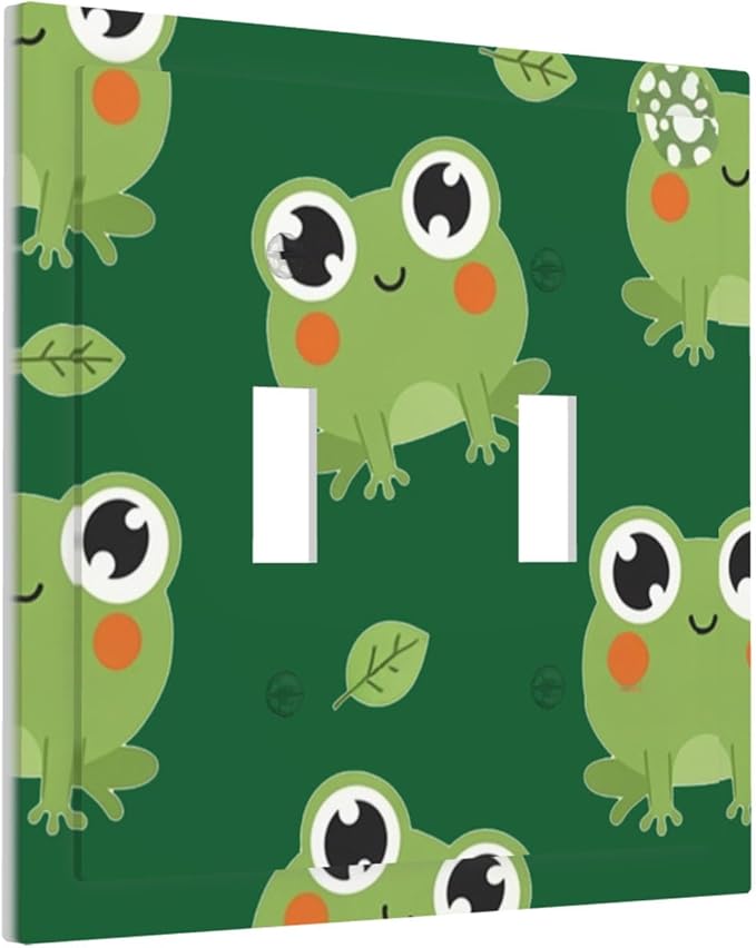 Cute Green Frogs Double Toggle Switch Cover - 2-Gang Standard US Size Whimsical Froggy Friends Light Switch Covers, Playful Amphibian for Boys & Girls Room Decor