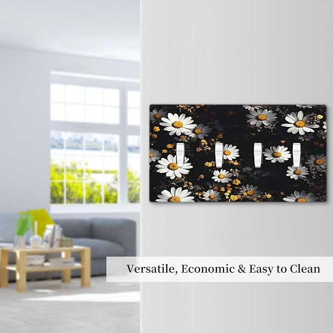 White Black Daisy Wildflower Modern Chrysanthemum Light Switch Covers Quad Toggle Electrical Faceplate 4 Gang Wall Plate Decorative Switch Plates Cover for Bedroom Farmhouse Decor