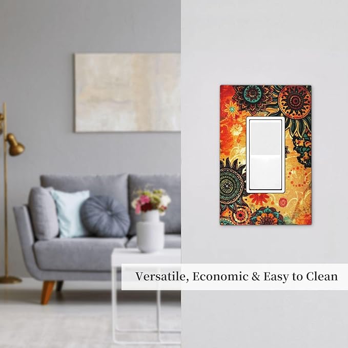 Red Orange Boho Bohemian Flower Floral 1 Gang Decorator Light Switch Cover Single GFCI/Rocker Outlet Switch Wall Plate for Dimmer,USB Outlet Mid Size
