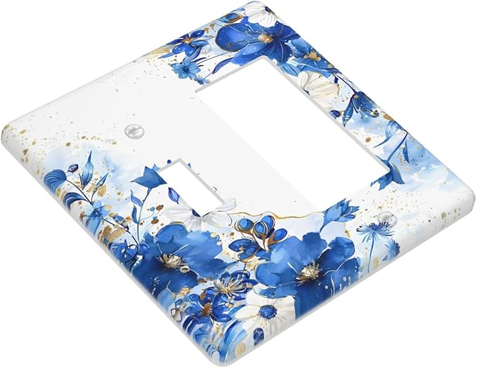 Klein Blue Flowers Watercolor Golden White Floral Outlet Covers 1 Toggle 1 Rocker Combination Decorative Wall Plate Electrical Switch Plates Light Switch Cover Plate for Bedroom Living Room Decor