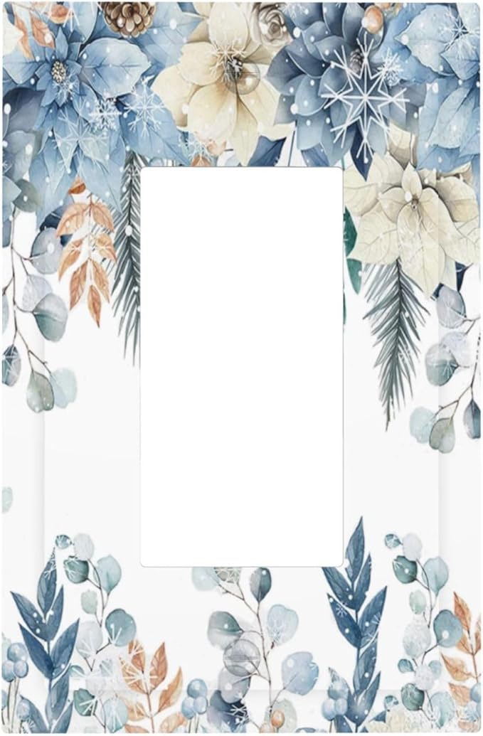 Blue Vine Snowflake Plants Leaves Floral Flowers Decorative Outlet Covers 1 Gang Single Rocker Light Switch Cover Plate Wall Plates GFCI Faceplate for Bedroom Living Room Decor