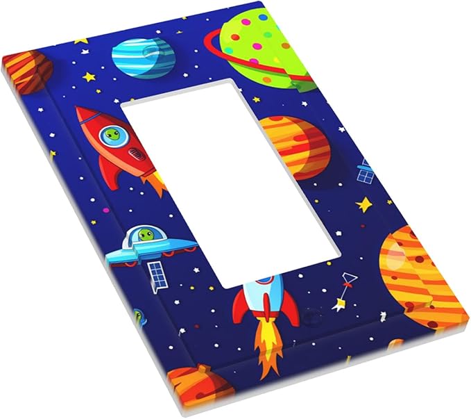 Planets, Rockets & Aliens Single Rocker Switch Cover - 1-Gang Standard US Size Astronaut Cosmic Adventure Light Switch Covers for Boy's Bedroom Decor