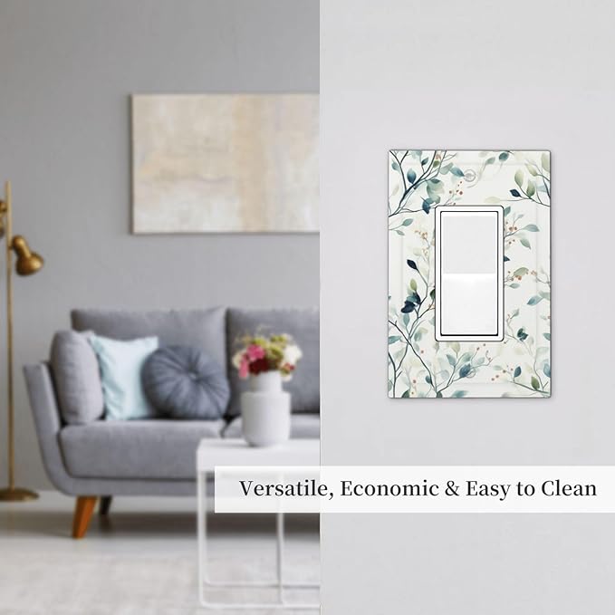 Watercolor Floral Green Leaves Single Light Switch Cover Plate Green Botanical Flowers 1 Gang Rocker Outlet Covers Switchplate Decorative Electrical GFCI Wallplate for Bedroom Kitchen Living Room