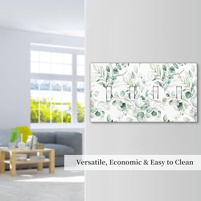 Boho Green Eucalyptus Leaf Floral Plants Flowers Light Switch Covers Quad Toggle Electrical Faceplate 4 Gang Wall Plate Decorative Switch Plates for Bed Room Living Room Decor