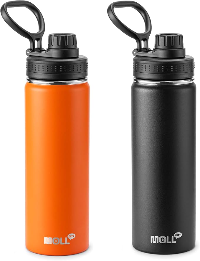 22 oz Water Bottle Stainless Steel Vacuum Insulated Wide Mouth Sports Flask, 2 Pack Water Bottle with Leakproof Spout Lid (Orange-Black)