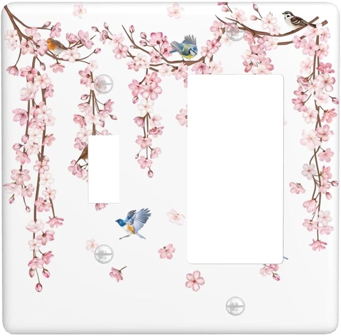 Pink Cherry Blossom Flower Vine Floral Tree Branch Birds Outlet Covers 1 Toggle 1 Rocker Combination Decorative Wall Plate Electrical Switch Plates Light Switch Cover Plate for Bedroom Living Room