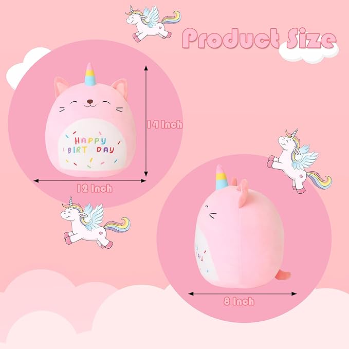 SQEQE Cat Plush Toy Unicorn Cat Stuffed Animal Cute Birthday Plushies Pillow Soft Plushie Doll Gifts for Kid Decor(Pink Caticorn, 14 Inch)