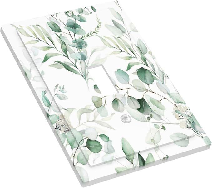 Boho Green Eucalyptus Leaf Floral Plants Flowers Decorative Light Switch Cover 1 Gang Single Toggle Device Electrical Faceplate Switchplates Decorator Outlet Wall Plate for Bed Room Living Room Decor