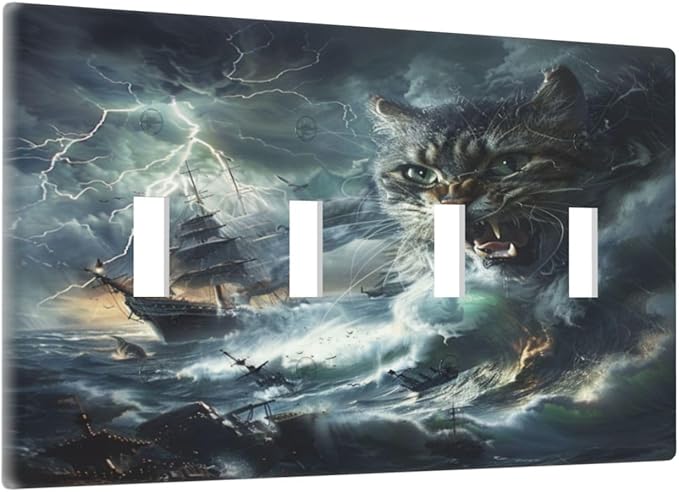 Light Switch Cover Plate funny Cat Stormy sea Lightning Sailboats 4 Gang Quad Toggle Decorative Switch Plates Electrical Wall Plates Faceplate for Bathroom Kid Room Decor
