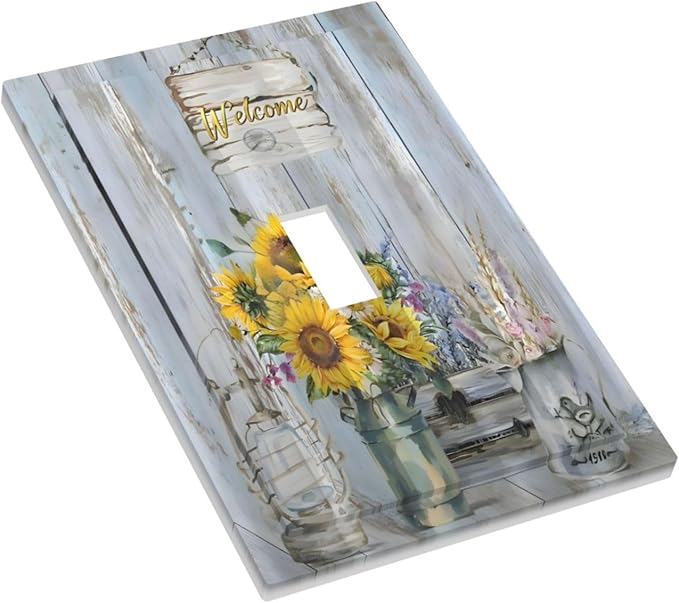 Rustic Sunflower Floral Vintage Wood Board Decorative Light Switch Cover 1 Gang Single Toggle Device Electrical Faceplate Switchplates Decorator Outlet Wall Plate for Farmhouse Home Decor