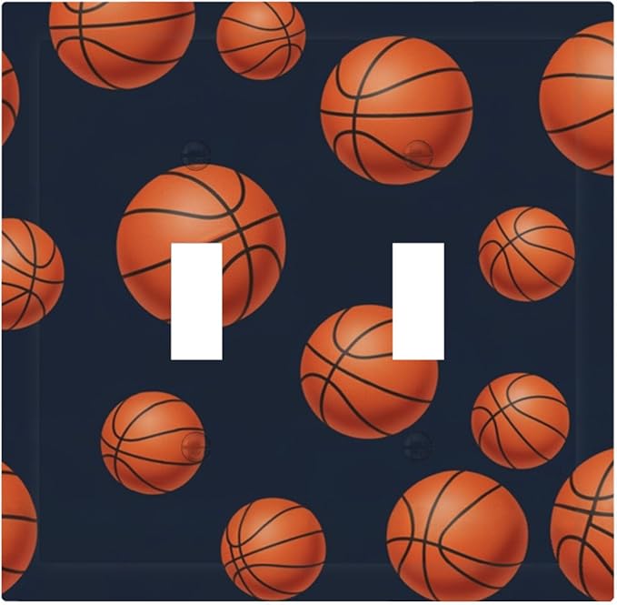 Basketball Double Toggle Switch Cover - 2-Gang Standard US Size Sports Design Navy Blue Light Switch Covers, Vintage Basketball for Boys Room