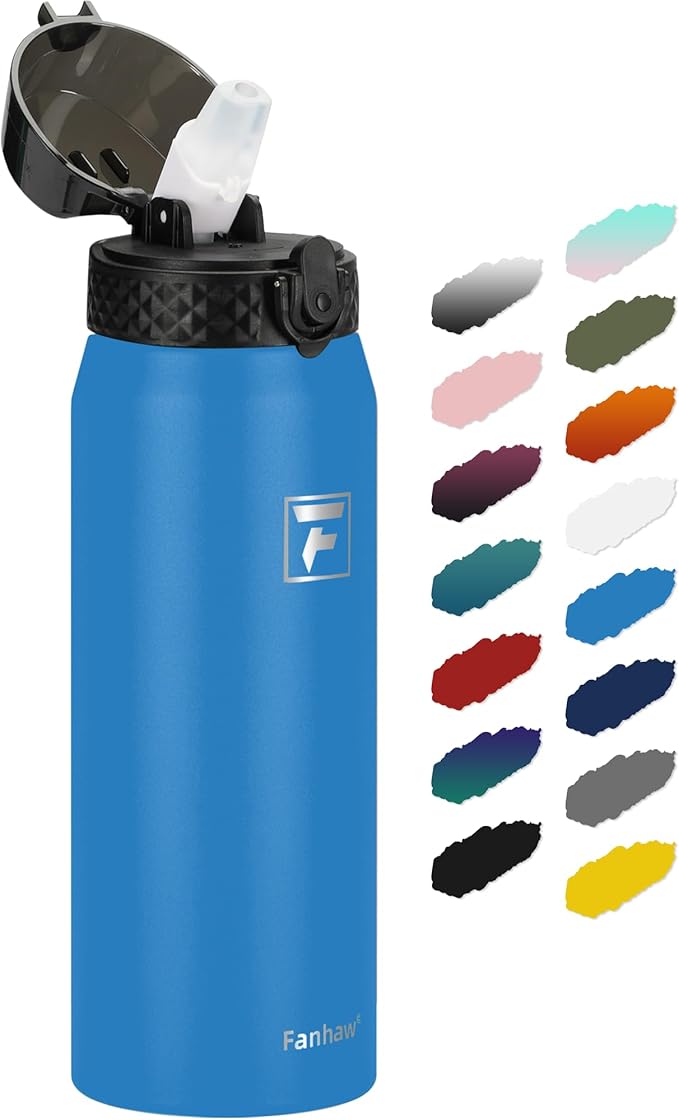Fanhaw 24 oz Insulated Stainless Steel Water Bottle with Straw Lid, Leakproof & Anti-Dust Sports Bottle for Kids, Women & Men (Sky Blue)