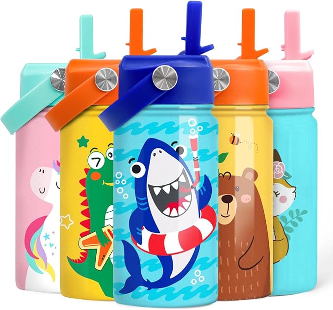 SANDJEST Shark Water Bottle - Kids Water Bottle with Straw Lid - 12 Oz Insulated Stainless Steel Water Bottles for Toddlers Kid Boys - Travel Cup for School Sports